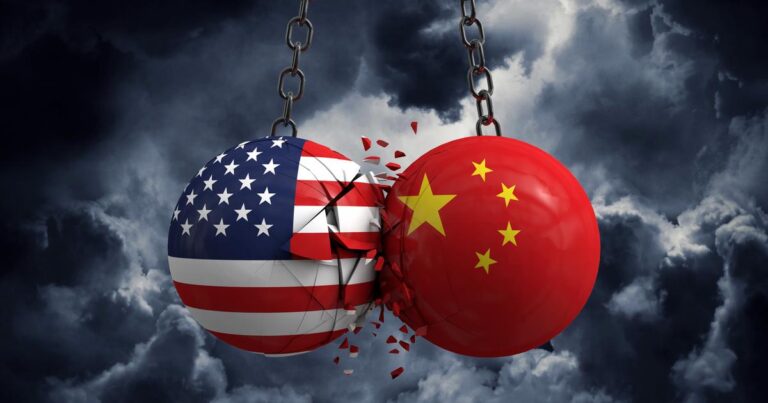 Relationship conflict between USA and China. Trade deal concept. 3D Rendering